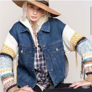 POL medium denim jacket with sweater fringe sleeves